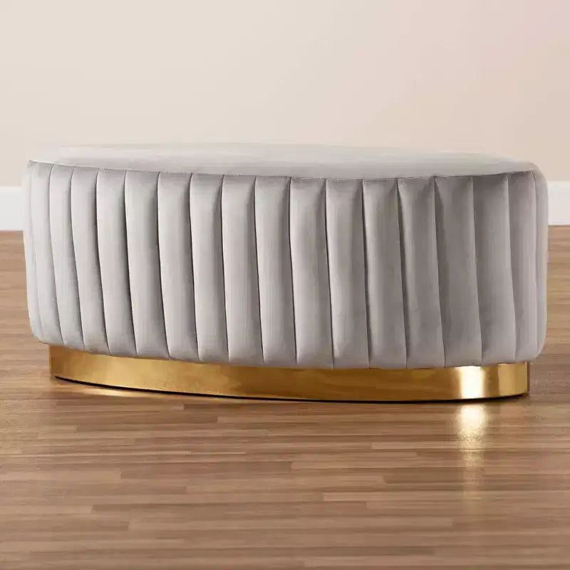 Fabric Upholstered and PU Leather Ottoman Gold