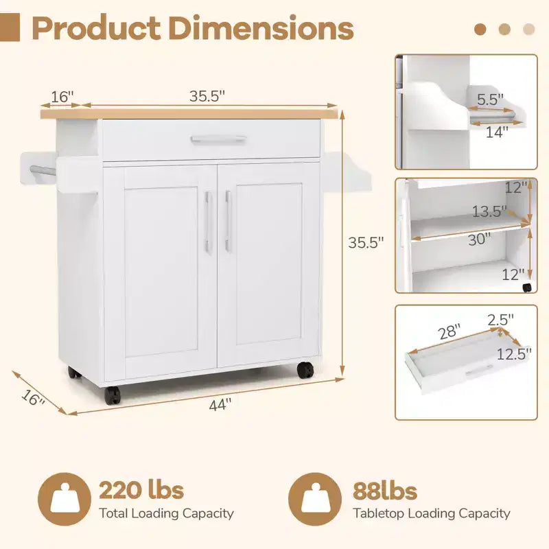 Rolling Kitchen Island Cart Storage Cabinet w/ Towel & Spice Rack White\Black\Cherry\Gray
