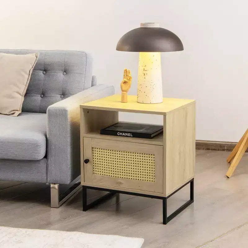 2PCS Nightstand w/ Cabinet Wooden Side End Table Rattan Decorated Door Oak