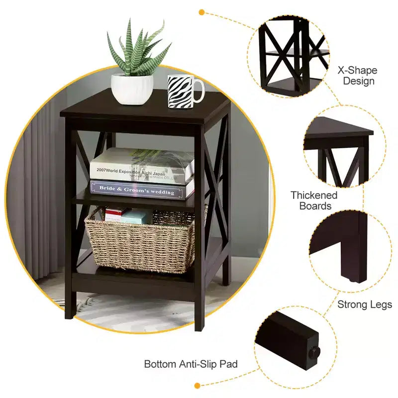 2 PCS 3-Tier Nightstand End Table X Design Storage Display Shelf Living Room