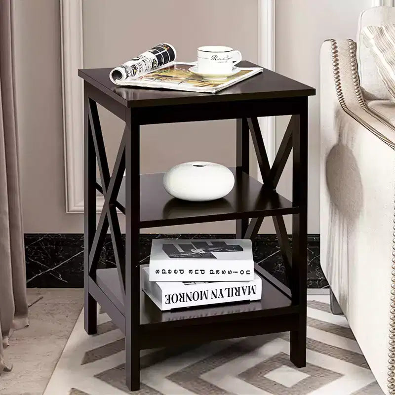 2 PCS 3-Tier Nightstand End Table X Design Storage Display Shelf Living Room