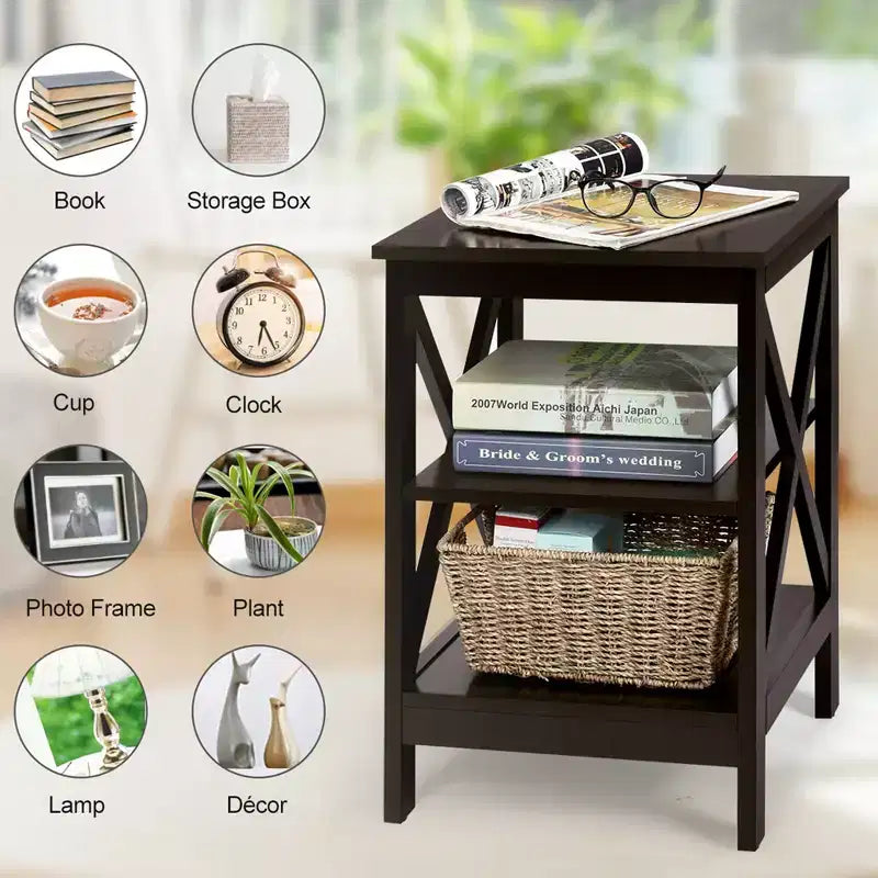 2 PCS 3-Tier Nightstand End Table X Design Storage Display Shelf Living Room