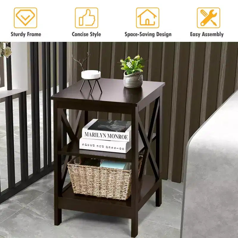 2 PCS 3-Tier Nightstand End Table X Design Storage Display Shelf Living Room
