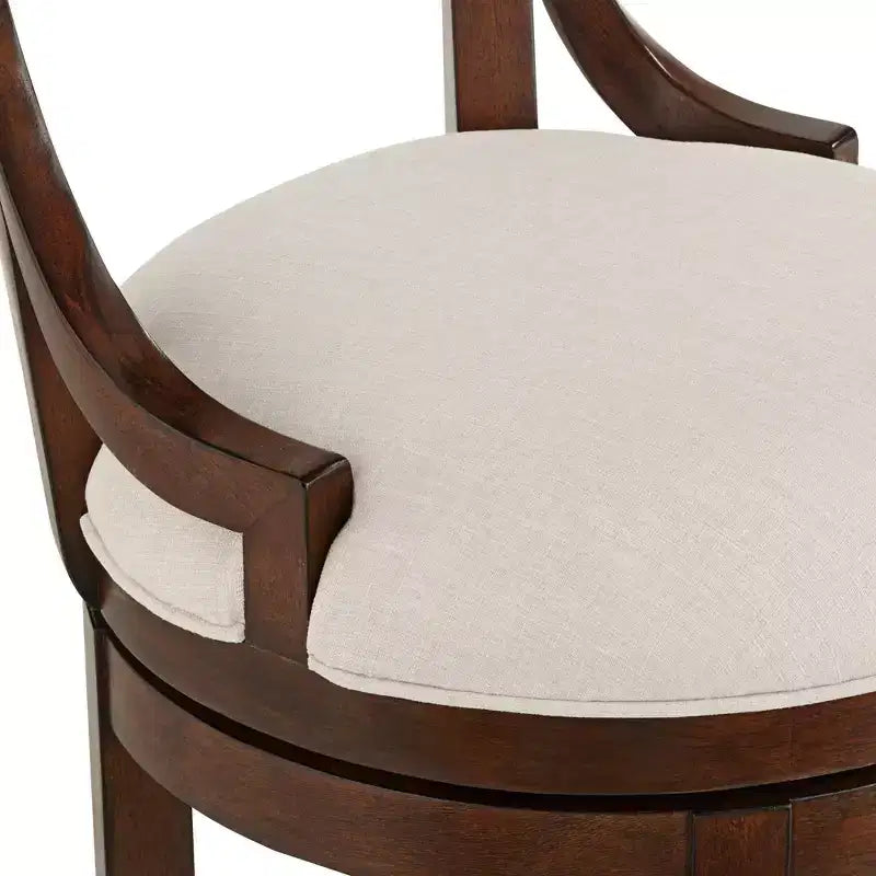 Tabouret de bar en noyer brun de 24 de haut, style rustique de maison de campagne, avec coussin en lin beige, dossier et repose-pieds, pour îlot de cuisine