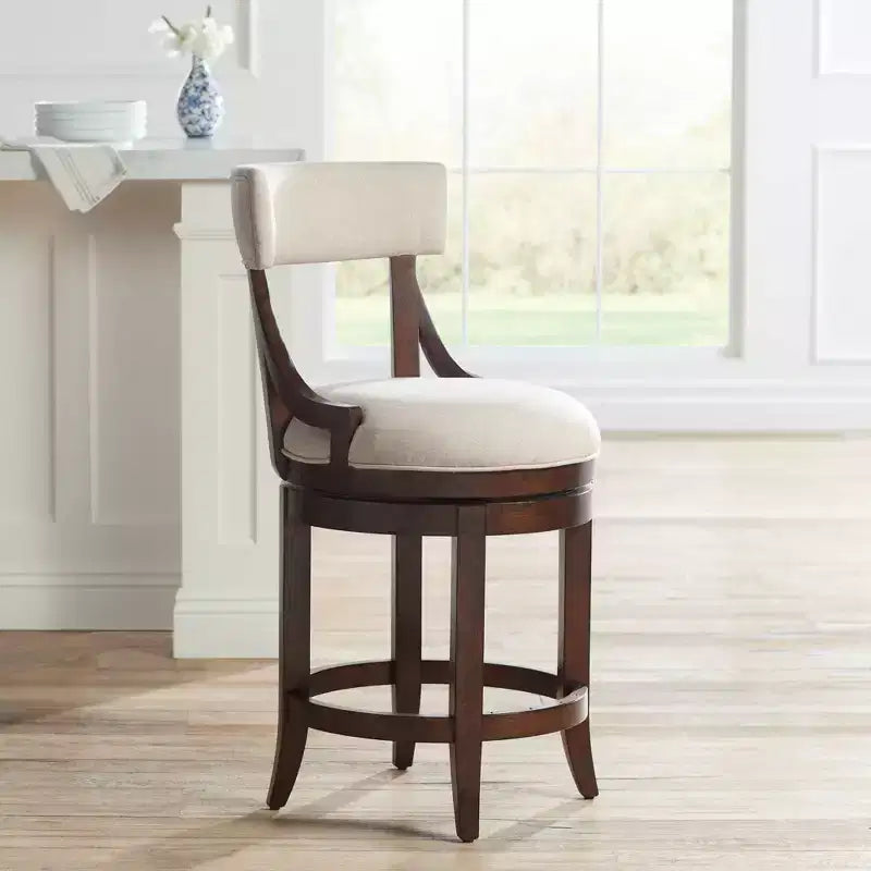 Tabouret de bar en noyer brun de 24 de haut, style rustique de maison de campagne, avec coussin en lin beige, dossier et repose-pieds, pour îlot de cuisine