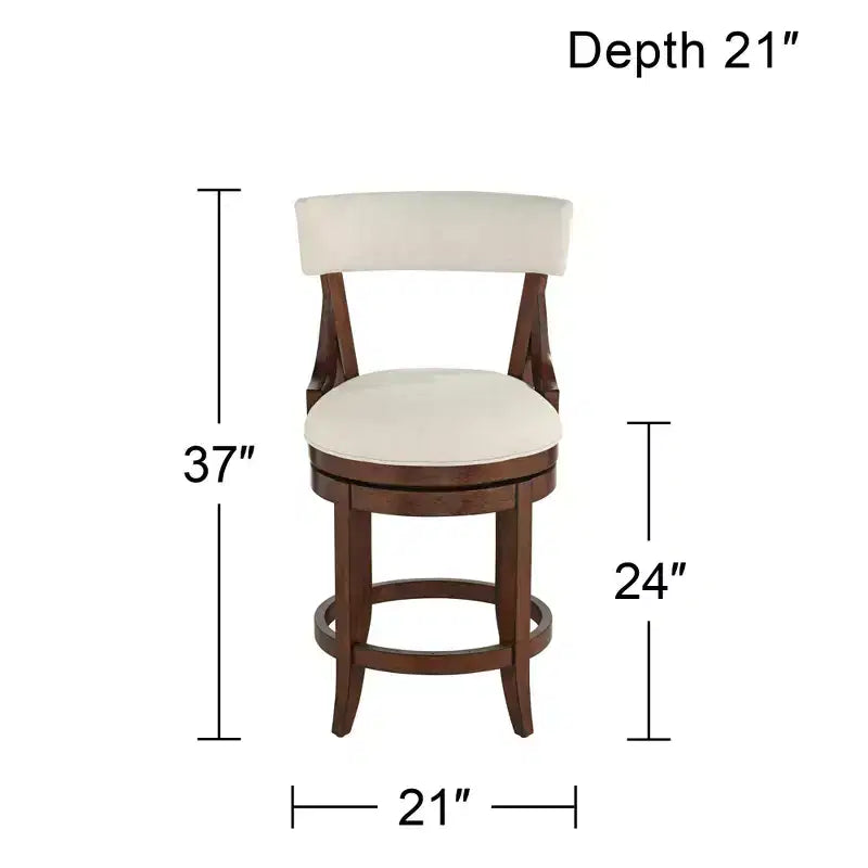 Walnut Wood Bar Stool Brown 24 High Farmhouse Rustic Beige Linen Cushion with Backrest Footrest for Kitchen Counter Island Home