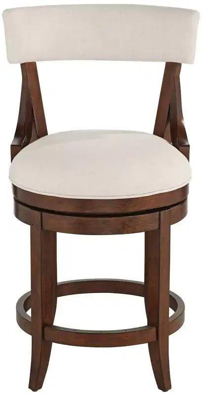 Tabouret de bar en noyer brun de 24 de haut, style rustique de maison de campagne, avec coussin en lin beige, dossier et repose-pieds, pour îlot de cuisine