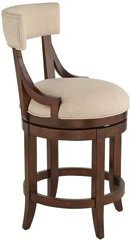 Tabouret de bar en noyer brun de 24 de haut, style rustique de maison de campagne, avec coussin en lin beige, dossier et repose-pieds, pour îlot de cuisine