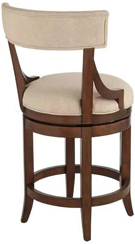 Tabouret de bar en noyer brun de 24 de haut, style rustique de maison de campagne, avec coussin en lin beige, dossier et repose-pieds, pour îlot de cuisine