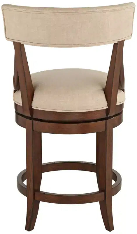 Tabouret de bar en noyer brun de 24 de haut, style rustique de maison de campagne, avec coussin en lin beige, dossier et repose-pieds, pour îlot de cuisine