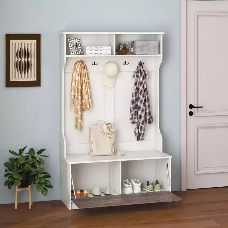 63 Inches Hall Tree with Coat Rack and Storage Bench Multifunctional Coat Rack Black/White
