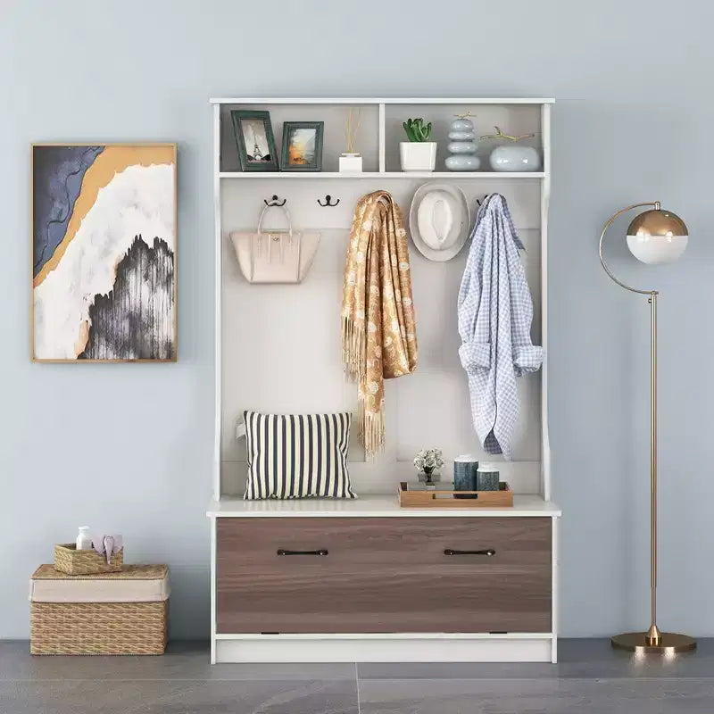 63 Inches Hall Tree with Coat Rack and Storage Bench Multifunctional Coat Rack Black/White
