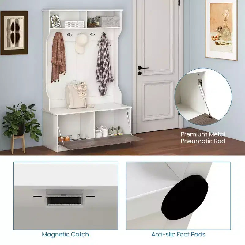 63 Inches Hall Tree with Coat Rack and Storage Bench Multifunctional Coat Rack Black/White