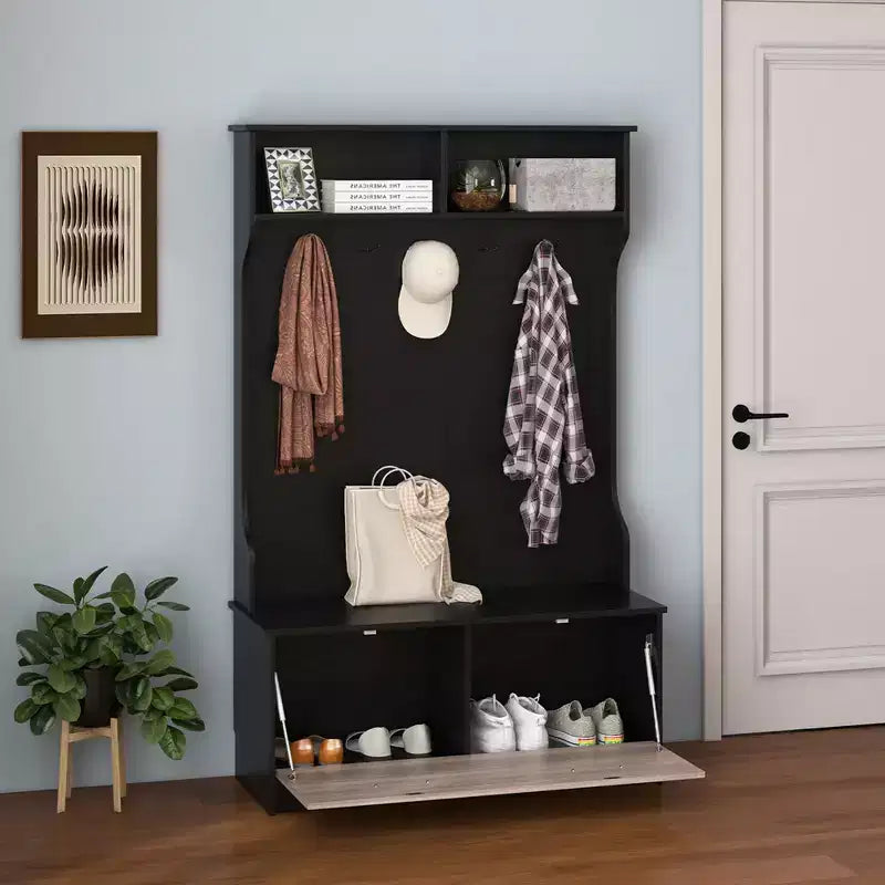 63 Inches Hall Tree with Coat Rack and Storage Bench Multifunctional Coat Rack Black/White