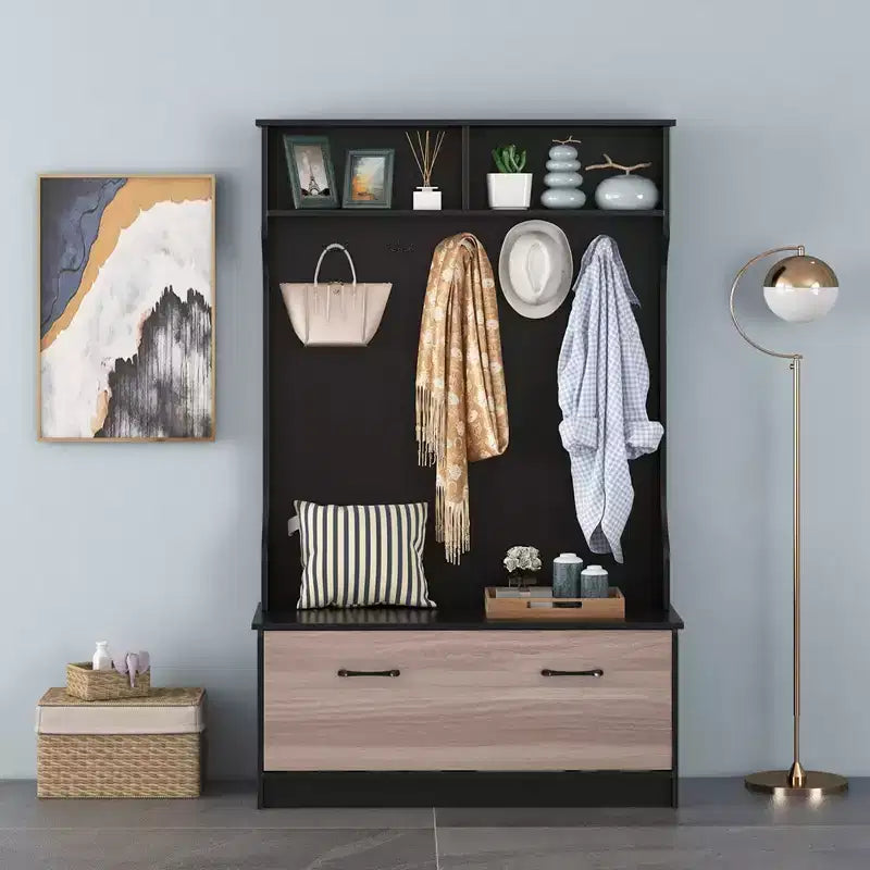 63 Inches Hall Tree with Coat Rack and Storage Bench Multifunctional Coat Rack Black/White