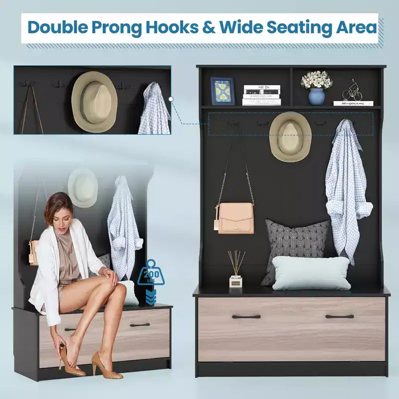 63 Inches Hall Tree with Coat Rack and Storage Bench Multifunctional Coat Rack Black/White