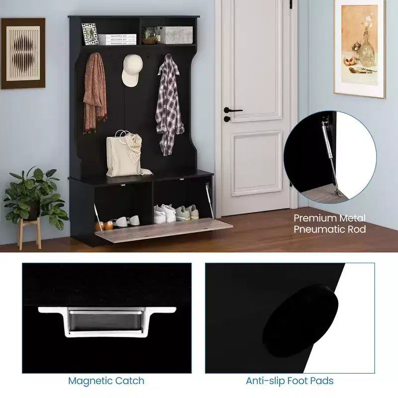 63 Inches Hall Tree with Coat Rack and Storage Bench Multifunctional Coat Rack Black/White