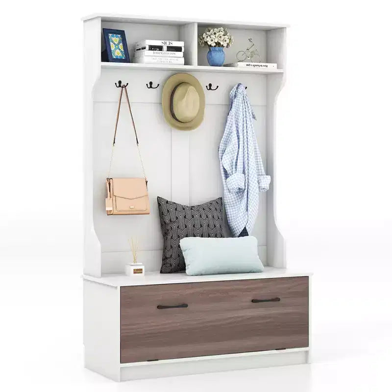 63 Inches Hall Tree with Coat Rack and Storage Bench Multifunctional Coat Rack Black/White